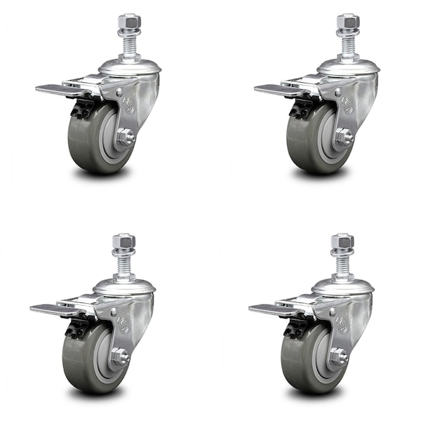 Service Caster 3.5 Inch Gray Polyurethane Swivel 1/2 Inch Stem Caster Set with Total Lock Brake SCC-TSTTL20S3514-PPUB-121315-4 - main